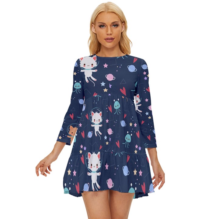 Cute-astronaut-cat-with-star-galaxy-elements-seamless-pattern Long Sleeve Babydoll Dress