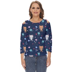 Cute-astronaut-cat-with-star-galaxy-elements-seamless-pattern Cut Out Wide Sleeve Top