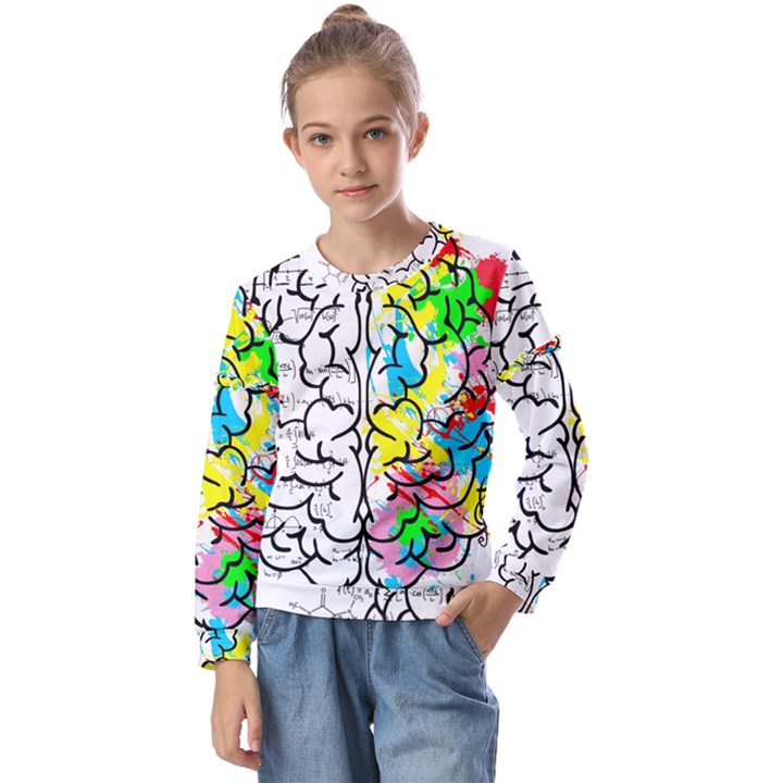 Brain Left Logic Language Science Kids  Long Sleeve Tee with Frill 