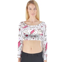 Cute-animals-seamless-pattern-kawaii-doodle-style Long Sleeve Crop Top