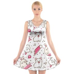 Cute-animals-seamless-pattern-kawaii-doodle-style V-neck Sleeveless Dress