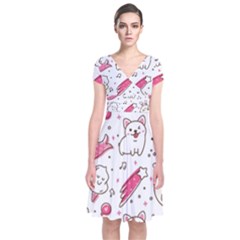 Cute-animals-seamless-pattern-kawaii-doodle-style Short Sleeve Front Wrap Dress