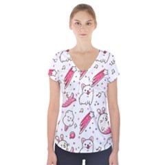 Cute-animals-seamless-pattern-kawaii-doodle-style Short Sleeve Front Detail Top by Jancukart