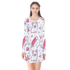 Cute-animals-seamless-pattern-kawaii-doodle-style Long Sleeve V-neck Flare Dress