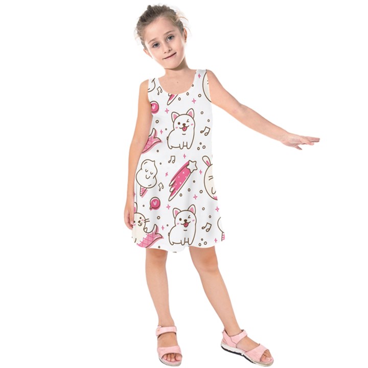 Cute-animals-seamless-pattern-kawaii-doodle-style Kids  Sleeveless Dress