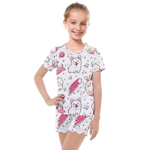 Cute-animals-seamless-pattern-kawaii-doodle-style Kids  Mesh Tee And Shorts Set by Jancukart