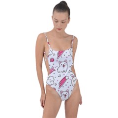 Cute-animals-seamless-pattern-kawaii-doodle-style Tie Strap One Piece Swimsuit