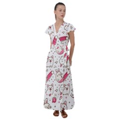 Cute-animals-seamless-pattern-kawaii-doodle-style Flutter Sleeve Maxi Dress