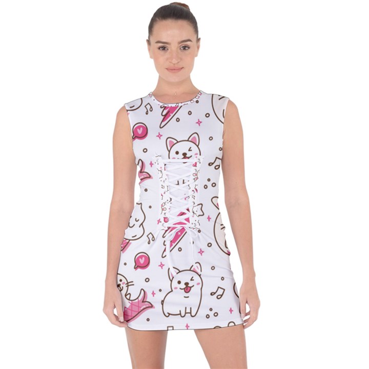 Cute-animals-seamless-pattern-kawaii-doodle-style Lace Up Front Bodycon Dress