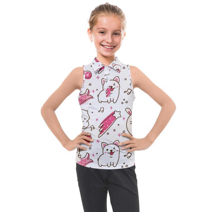 Cute-animals-seamless-pattern-kawaii-doodle-style Kids  Sleeveless Polo Tee