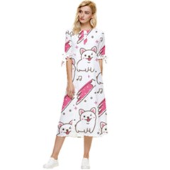 Cute-animals-seamless-pattern-kawaii-doodle-style Bow Sleeve Chiffon Midi Dress