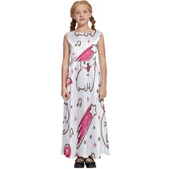 Cute-animals-seamless-pattern-kawaii-doodle-style Kids  Satin Sleeveless Maxi Dress