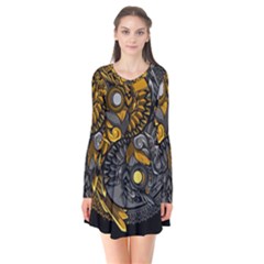 Yin-yang-owl-doodle-ornament-illustration Long Sleeve V-neck Flare Dress