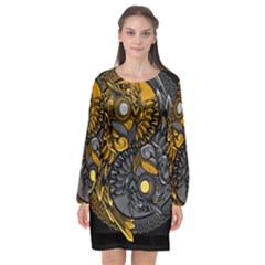 Yin-yang-owl-doodle-ornament-illustration Long Sleeve Chiffon Shift Dress 