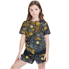 Yin-yang-owl-doodle-ornament-illustration Kids  Tee And Sports Shorts Set