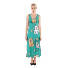 Seamless-pattern-cute-cat-cartoon-with-hand-drawn-style Sleeveless Maxi Dress