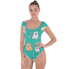 Seamless-pattern-cute-cat-cartoon-with-hand-drawn-style Short Sleeve Leotard  by Jancukart