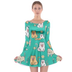 Seamless-pattern-cute-cat-cartoon-with-hand-drawn-style Long Sleeve Skater Dress