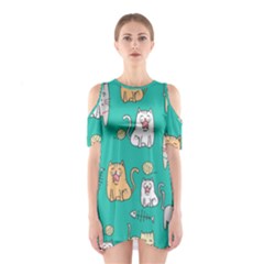 Seamless-pattern-cute-cat-cartoon-with-hand-drawn-style Shoulder Cutout One Piece Dress