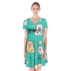 Seamless-pattern-cute-cat-cartoon-with-hand-drawn-style Short Sleeve V-neck Flare Dress