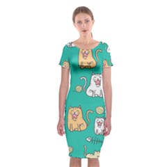 Seamless-pattern-cute-cat-cartoon-with-hand-drawn-style Classic Short Sleeve Midi Dress