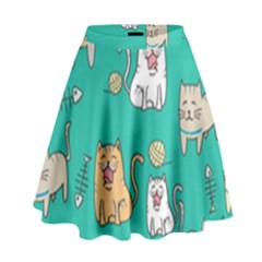 Seamless-pattern-cute-cat-cartoon-with-hand-drawn-style High Waist Skirt