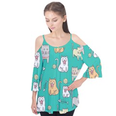 Seamless-pattern-cute-cat-cartoon-with-hand-drawn-style Flutter Tees