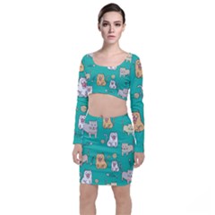 Seamless-pattern-cute-cat-cartoon-with-hand-drawn-style Top And Skirt Sets