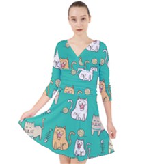 Seamless-pattern-cute-cat-cartoon-with-hand-drawn-style Quarter Sleeve Front Wrap Dress