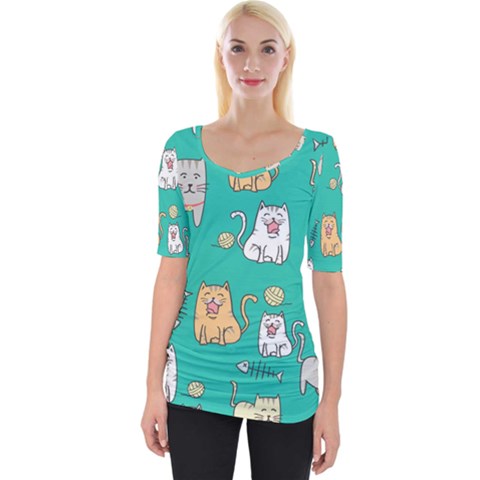 Seamless-pattern-cute-cat-cartoon-with-hand-drawn-style Wide Neckline Tee by Jancukart