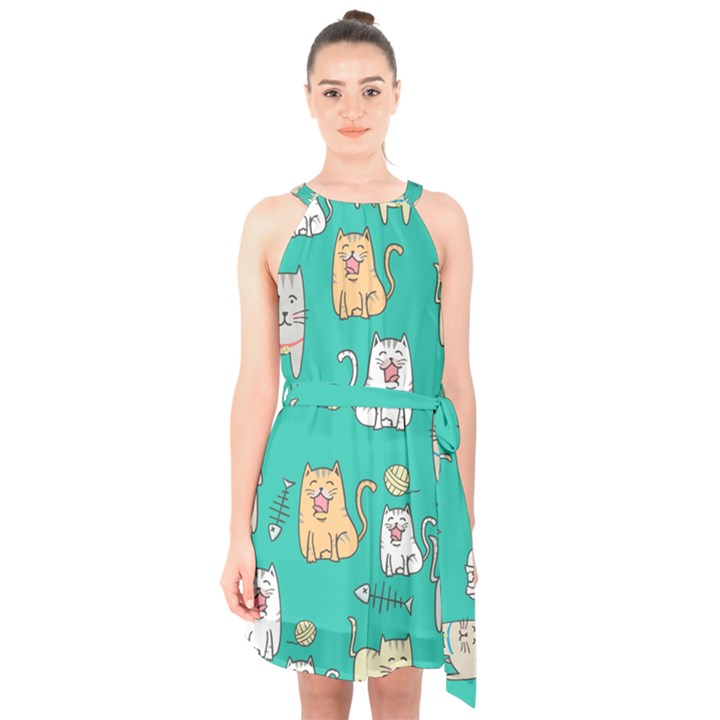 Seamless-pattern-cute-cat-cartoon-with-hand-drawn-style Halter Collar Waist Tie Chiffon Dress