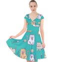 Seamless-pattern-cute-cat-cartoon-with-hand-drawn-style Cap Sleeve Front Wrap Midi Dress View1