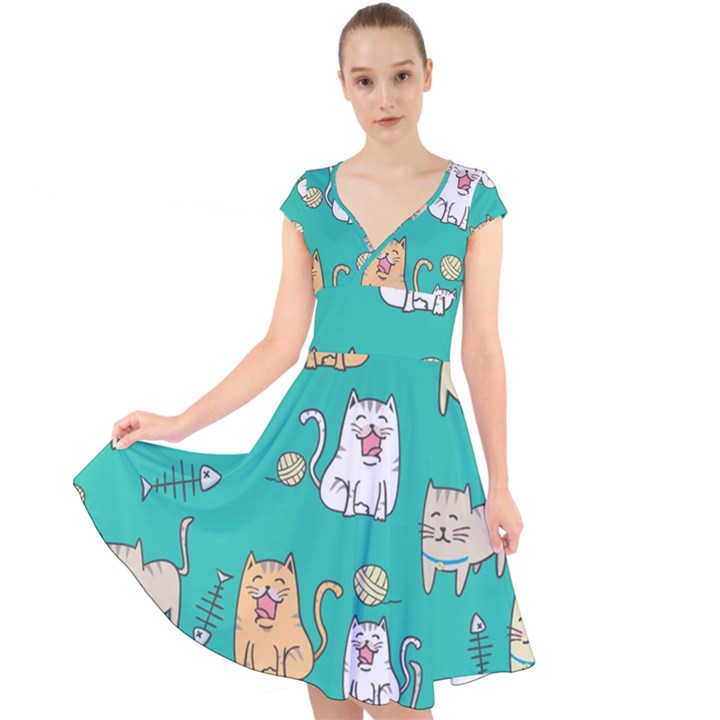 Seamless-pattern-cute-cat-cartoon-with-hand-drawn-style Cap Sleeve Front Wrap Midi Dress