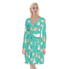 Seamless-pattern-cute-cat-cartoon-with-hand-drawn-style Long Sleeve Velvet Front Wrap Dress