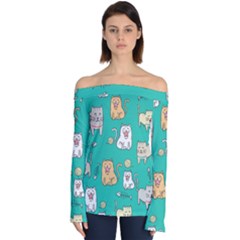 Seamless-pattern-cute-cat-cartoon-with-hand-drawn-style Off Shoulder Long Sleeve Top