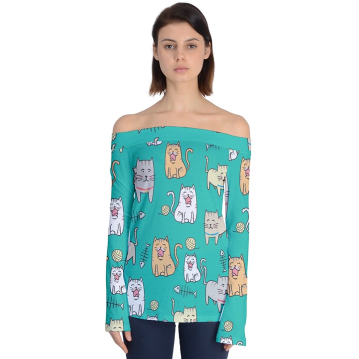 Seamless-pattern-cute-cat-cartoon-with-hand-drawn-style Off Shoulder Long Sleeve Top