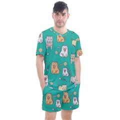 Seamless-pattern-cute-cat-cartoon-with-hand-drawn-style Men s Mesh Tee And Shorts Set