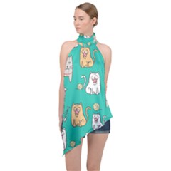 Seamless-pattern-cute-cat-cartoon-with-hand-drawn-style Halter Asymmetric Satin Top by Jancukart