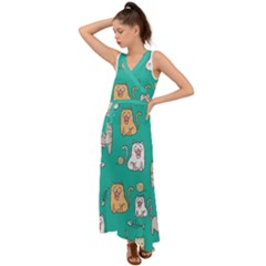 Seamless-pattern-cute-cat-cartoon-with-hand-drawn-style V-neck Chiffon Maxi Dress by Jancukart