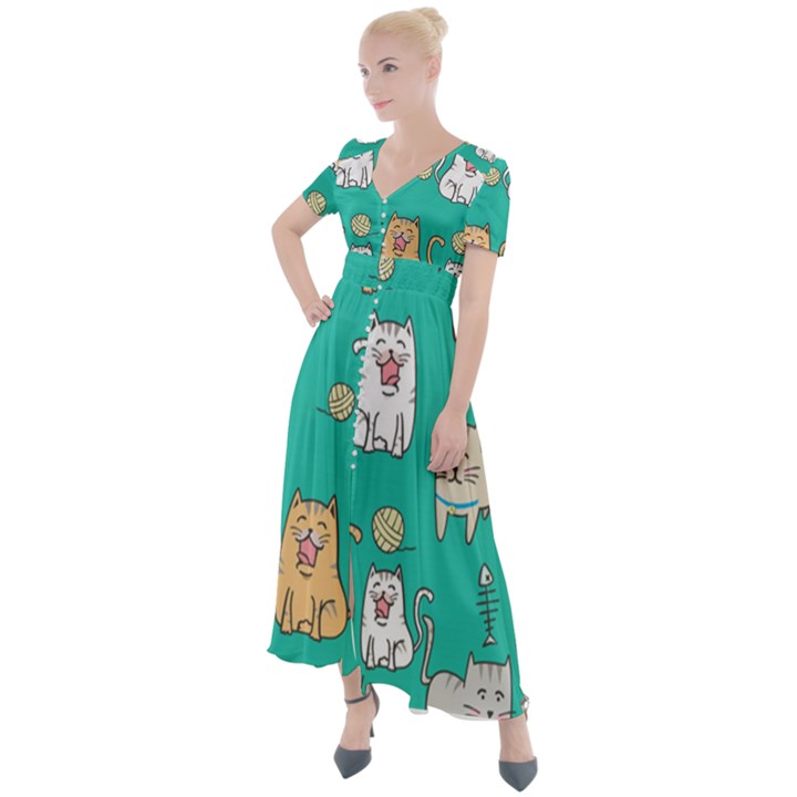 Seamless-pattern-cute-cat-cartoon-with-hand-drawn-style Button Up Short Sleeve Maxi Dress