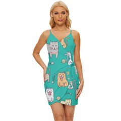 Seamless-pattern-cute-cat-cartoon-with-hand-drawn-style Wrap Tie Front Dress