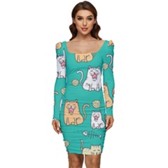 Seamless-pattern-cute-cat-cartoon-with-hand-drawn-style Women Long Sleeve Ruched Stretch Jersey Dress