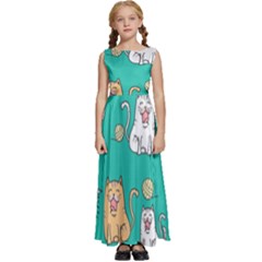 Seamless-pattern-cute-cat-cartoon-with-hand-drawn-style Kids  Satin Sleeveless Maxi Dress