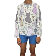 Funny Cartoon Cats Seamless Pattern Kids  Long Sleeve Swimwear