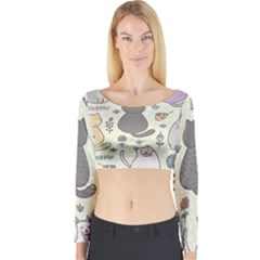 Funny Cartoon Cats Seamless Pattern Long Sleeve Crop Top