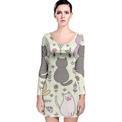 Funny Cartoon Cats Seamless Pattern Long Sleeve Velvet Bodycon Dress