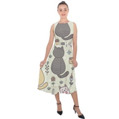 Funny Cartoon Cats Seamless Pattern Midi Tie-back Chiffon Dress