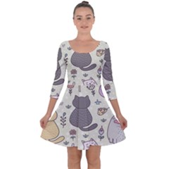 Funny Cartoon Cats Seamless Pattern Quarter Sleeve Skater Dress