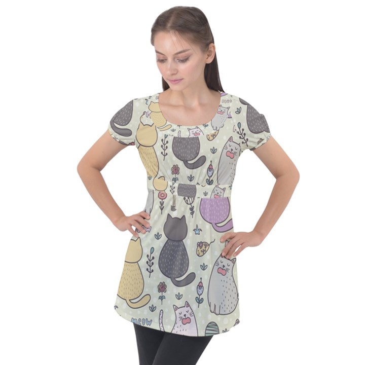 Funny Cartoon Cats Seamless Pattern Puff Sleeve Tunic Top