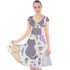 Funny Cartoon Cats Seamless Pattern Cap Sleeve Front Wrap Midi Dress